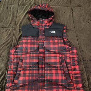 Men's Used The North Face Red and Black Plaid Puffer Vest Worn Two Times
